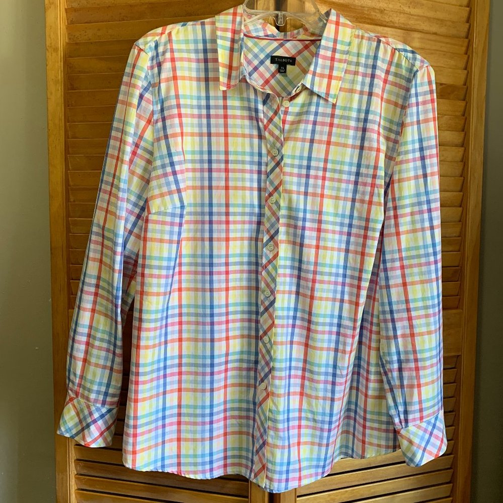 Talbots XL crisp 100% cotton button-down plaid multi-color blouse.